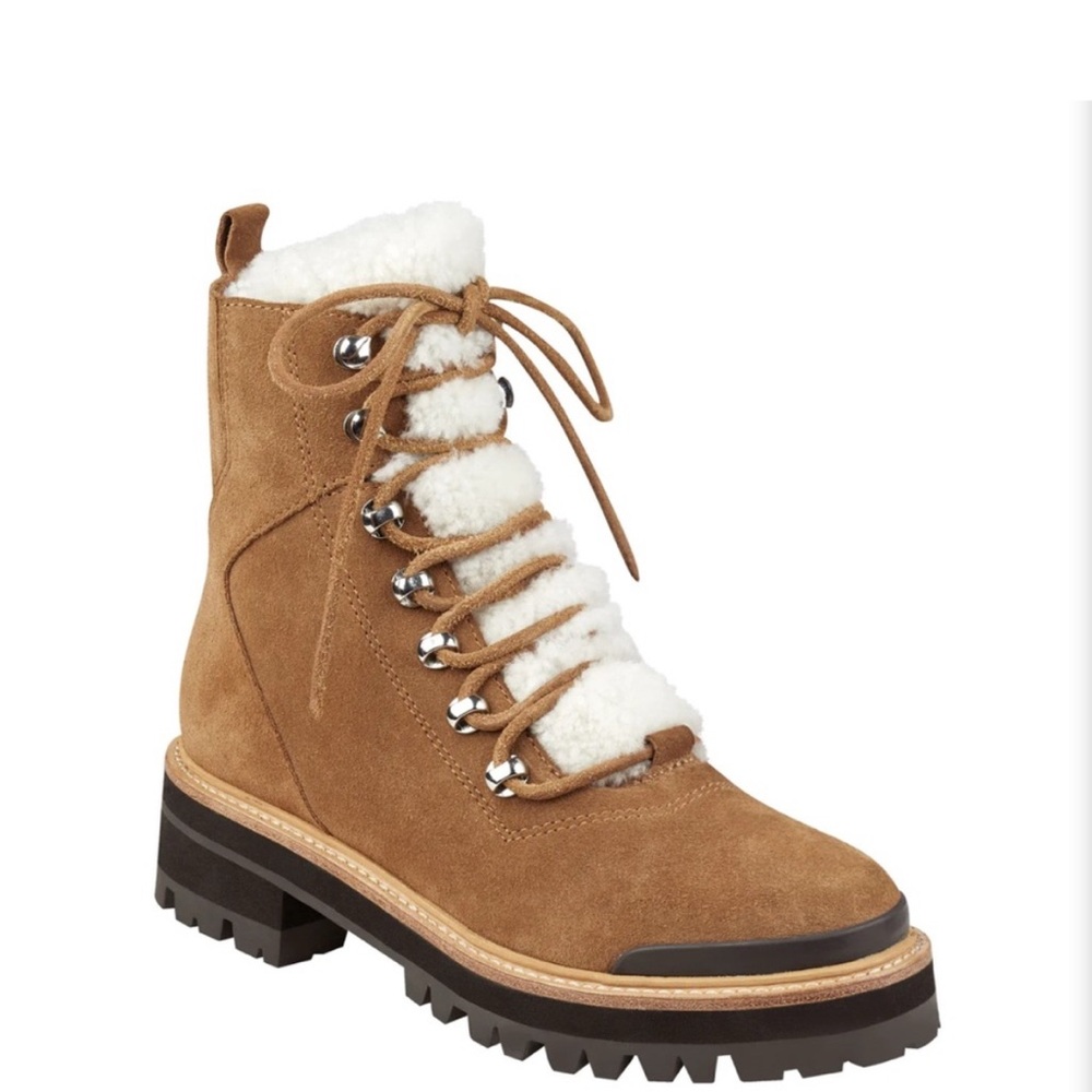 Marc Fisher Tan and White Lace Up Boots with Sherpa Lining